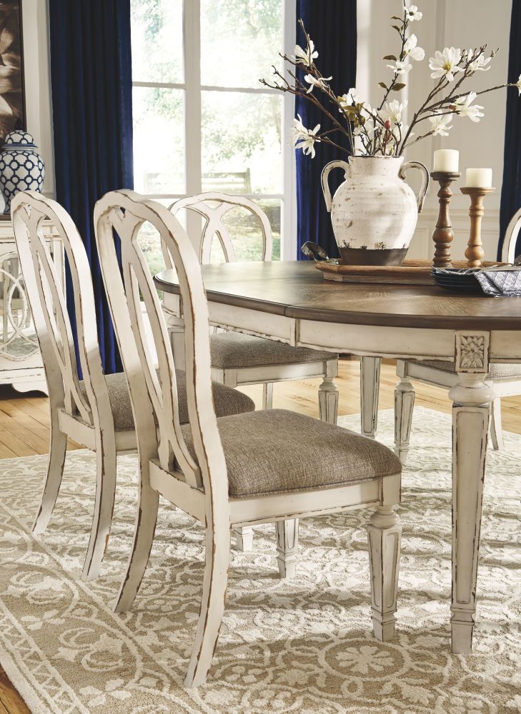 Realyn – White – 8 Pc. – Extension Table, 6 Ribbon Back Side Chairs, Server D743/35/02(6)/60