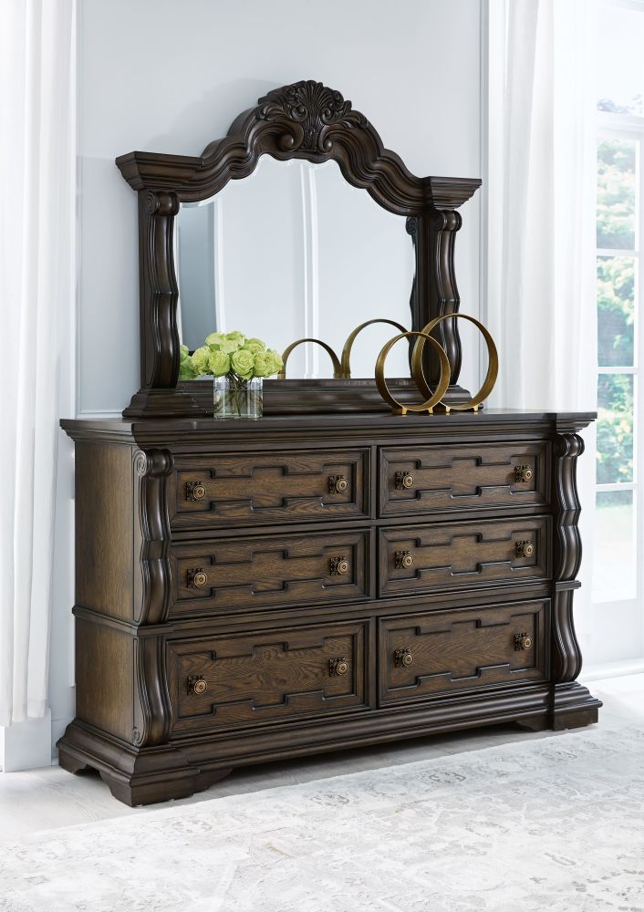 Maylee – Dark Brown – 5 Pc. – Dresser, Mirror, King Upholstered Bed B947/31/36/58/56/97
