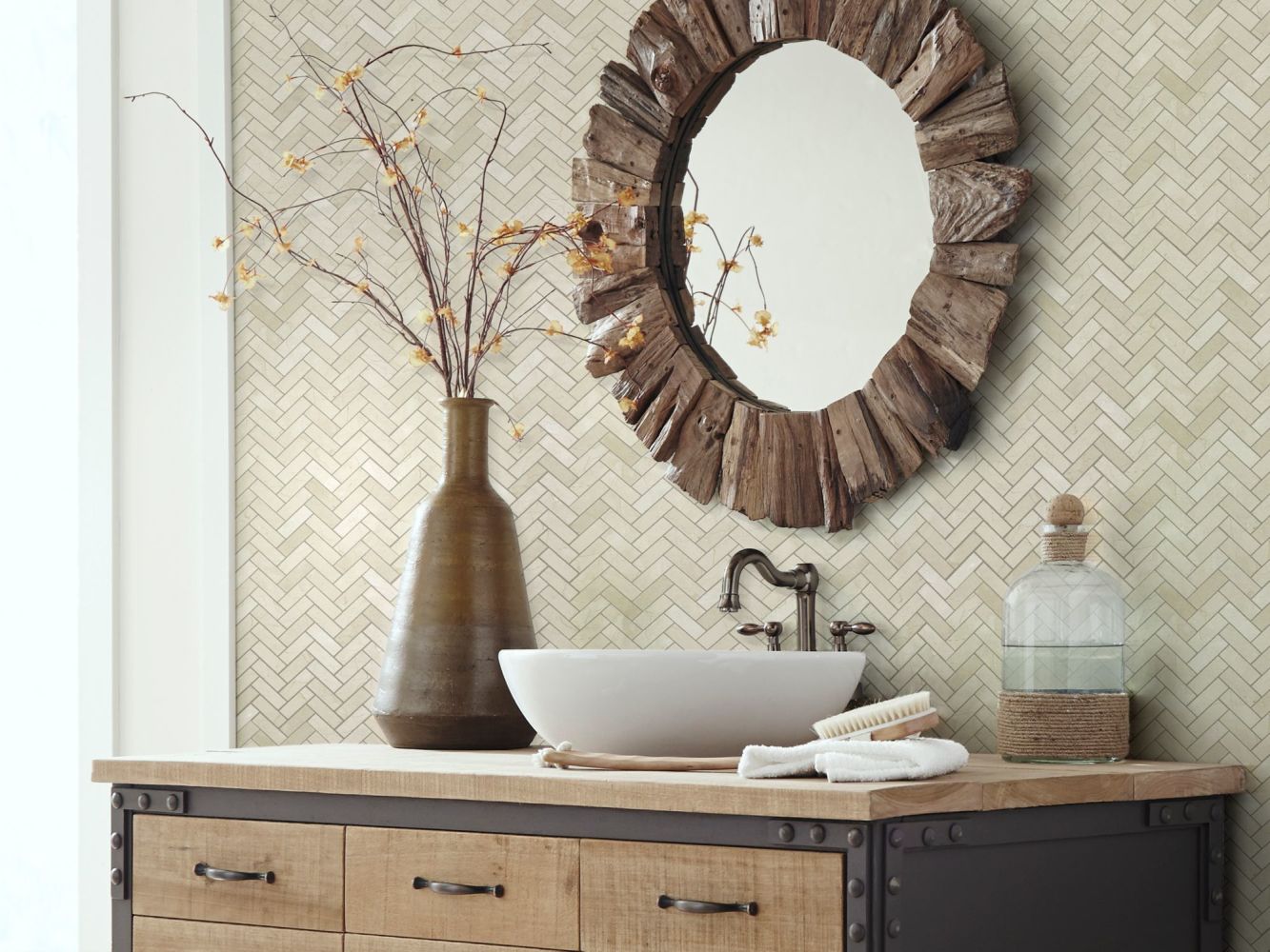 Shaw Floors SFA Pearl Herringbone Mosaic Crema Marfil 00200_SA34A