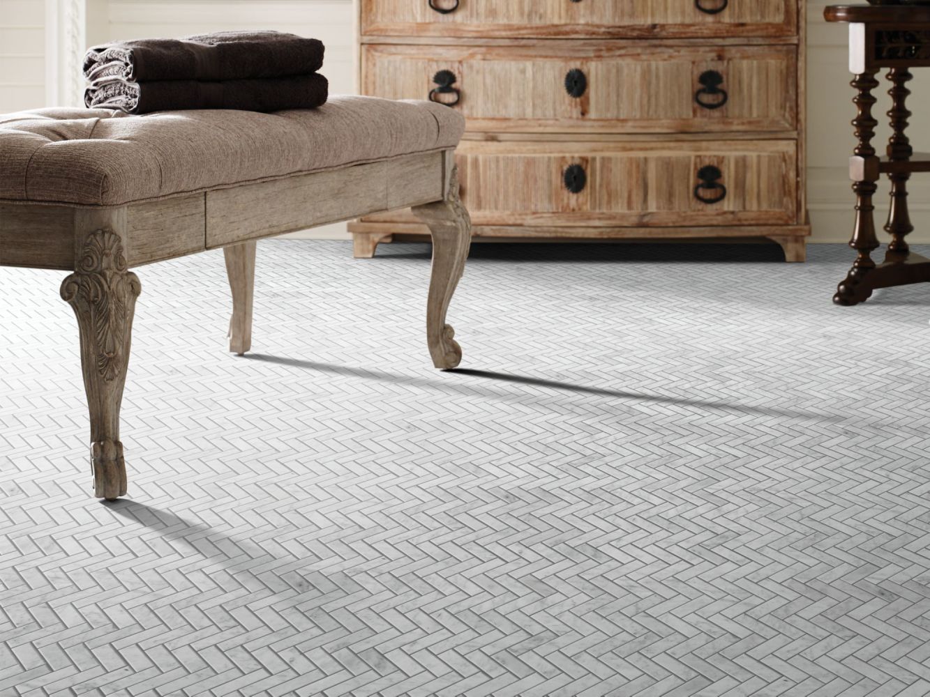 Shaw Floors Home Fn Gold Ceramic Estate Herringbone Mosaic Bianco Carrara 00150_TGN88