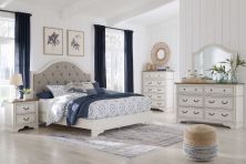 Brollyn – White / Brown / Beige – 7 Pc. – Dresser, Mirror, Chest, King Upholstered Panel Bed, 2 Nightstands B773/31/36/46/58/56/92(2)
