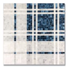 Stone Mosaics Akdo  Balmoral Plaid Sapphire (G) Art Glass, Carrara (H), Thassos (H) Blue, Gray, White GL1906-BLMLH0