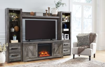 Wynnlow – Gray – Entertainment Center – TV Stand With Glass/Stone Fireplace Insert W440/68/24(2)/27/W100-101