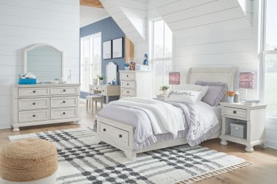 Robbinsdale – Antique White – 10 Pc. – Dresser, Mirror, Chest, Twin Sleigh Storage Bed, 2 Nightstands, Vanity Set B742/21/26/45/53/52S/183/91(2)/22/25