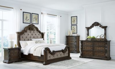 Maylee – Dark Brown – 5 Pc. – Dresser, Mirror, King Upholstered Bed B947/31/36/58/56/97
