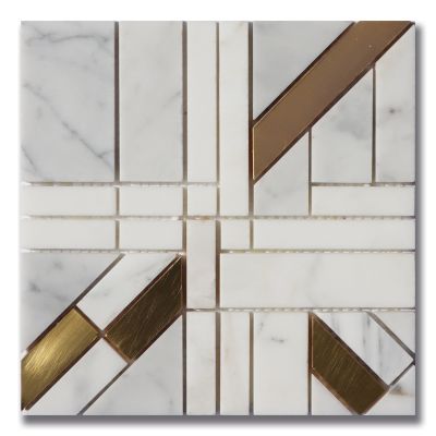 Stone Mosaics Akdo  Architetto Angolo Calacatta (H) w/ Brass White, Gray, Taupe, Metallic Gold MB1203-ANGOH1