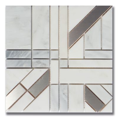 Stone Mosaics Akdo  Architetto Angolo Carrara Bella (H) w/ Stainless Steel Gray, Metallic Silver, White MB1604-ANGOH1