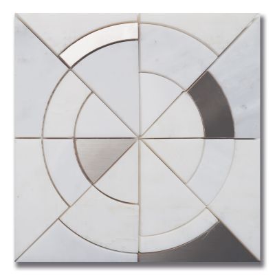 Stone Mosaics Akdo  Architetto Compasso Carrara Bella (H) w/ Stainless Steel Gray, Metallic Silver, White MB1604-COMPH0