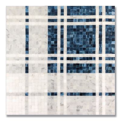 Stone Mosaics Akdo  Balmoral Plaid Sapphire (G) Art Glass, Carrara (H), Thassos (H) Blue, Gray, White GL1906-BLMLH0