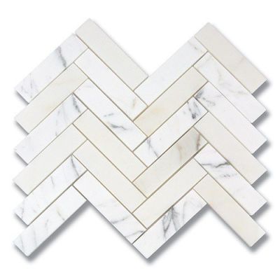 Stone Mosaics Akdo  1” x 4” Herringbone Calacatta (P) White, Gray, Taupe MB1203-HB14P0