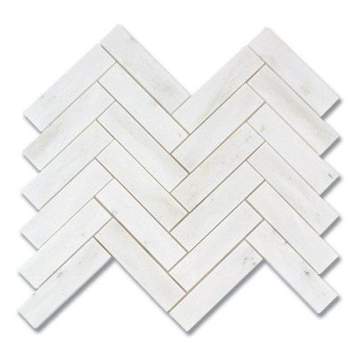 Stone Mosaics Akdo  1” x 4” Herringbone White Haze (P) White, Gray, Taupe MB1741-HB14P0