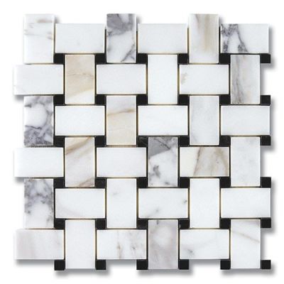 Stone Mosaics Akdo  Basket Weave Calacatta (H) w/ Tulip Black (H) White, Gray, Taupe, Black MB1203-BASIH0