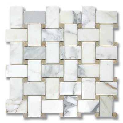 Stone Mosaics Akdo  Basket Weave Calacatta (P) w/ Pistachio Green (P) White, Gray, Taupe, Green MB1203-BASIP2