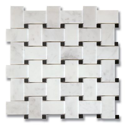 Stone Mosaics Akdo  Basket Weave Carrara (H) w/ Tulip Black (H) White, Gray, Black MB1130-BASIH1
