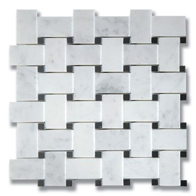 Stone Mosaics Akdo  Basket Weave Carrara (P) w/ Tulip Black (P) White, Gray, Black MB1130-BASIP1