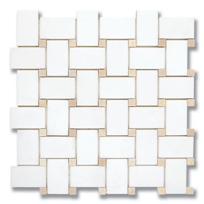 Stone Mosaics Akdo  Basket Weave Thassos (P) w/ Bursa Beige (P) White, Beige MB1232-BASIP2
