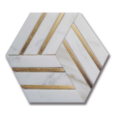 Stone Mosaics Akdo  Luminous Shine Calacatta w/ Gold (H) White, Gray, Taupe, Metallic Gold MB1203-SHNEH1